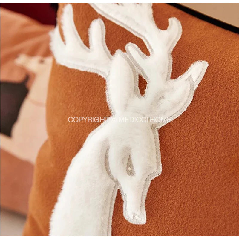 Afralia™ Handmade Reindeer Applique Embroidery Christmas Cushion Cover - Festive Xmas Holiday Decor