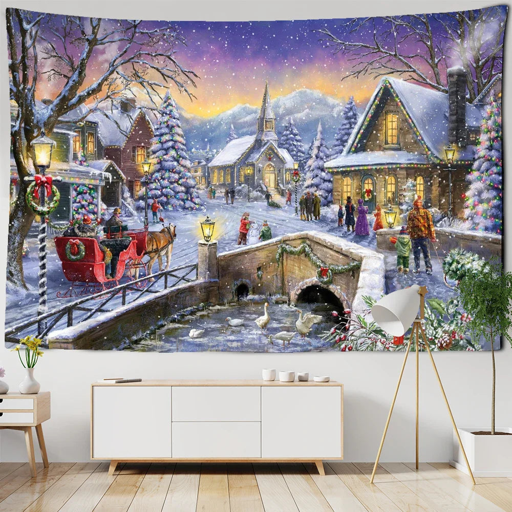 Afralia™ Snowy Christmas Landscape Oil Painting Wall Hanging/Home Decor