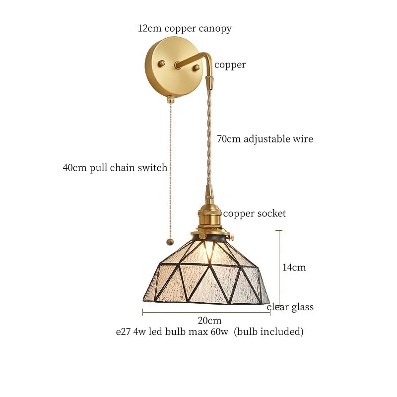 Afralia™ Tiffany Glass LED Wall Lamp Pull Chain Switch Vintage Copper Wall Lights
