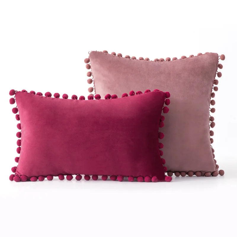 Afralia™ Velvet Pom Pom Throw Pillow Cover for Large Sofa, Soft Cozy Cushion Case