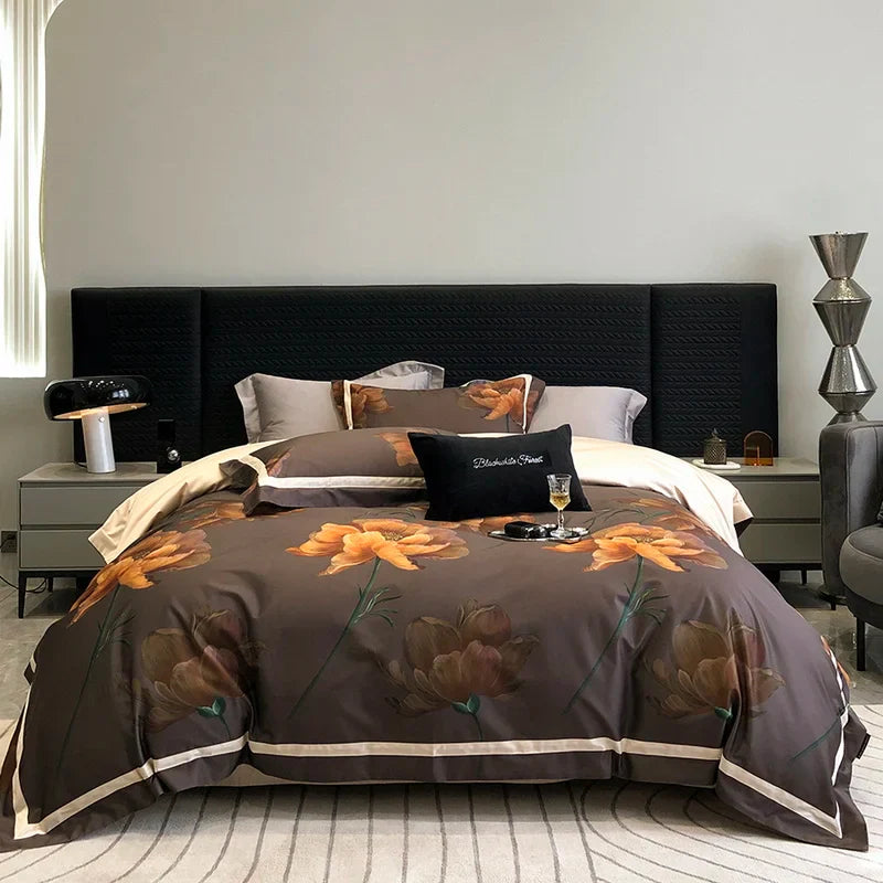 Afralia™ Luxury Flowers 1000TC Egyptian Cotton Bedding Set: 1 Duvet Cover, 1 Sheet, 2 Pillowcases