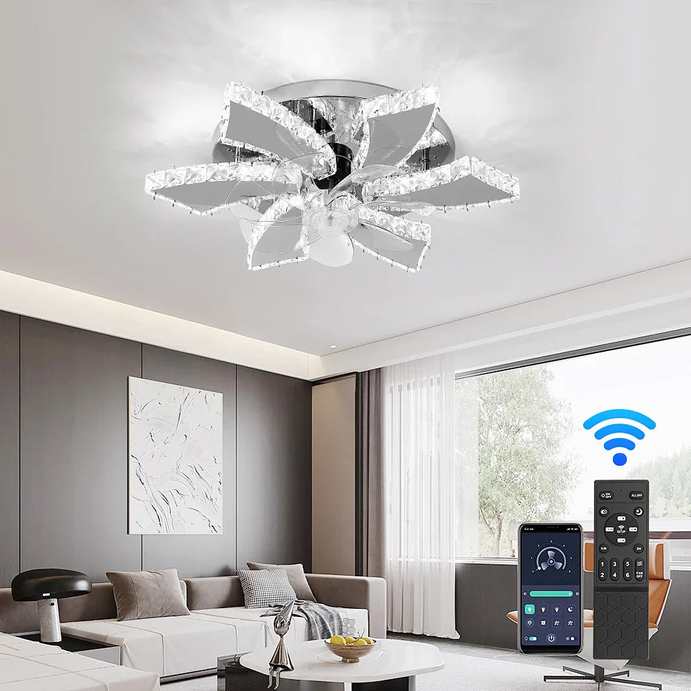 Afralia™ Smart Crystal Ceiling Fan LED Chandelier for Modern Living Dining Room