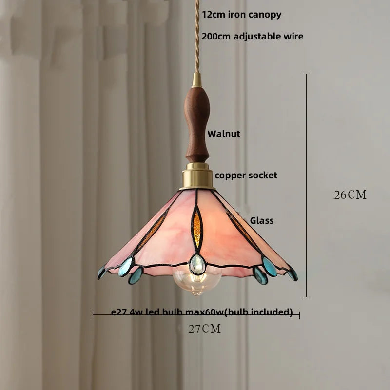 Afralia™ Walnut Wood LED Pendant Lights Tiffany Glass Hanging Lamp