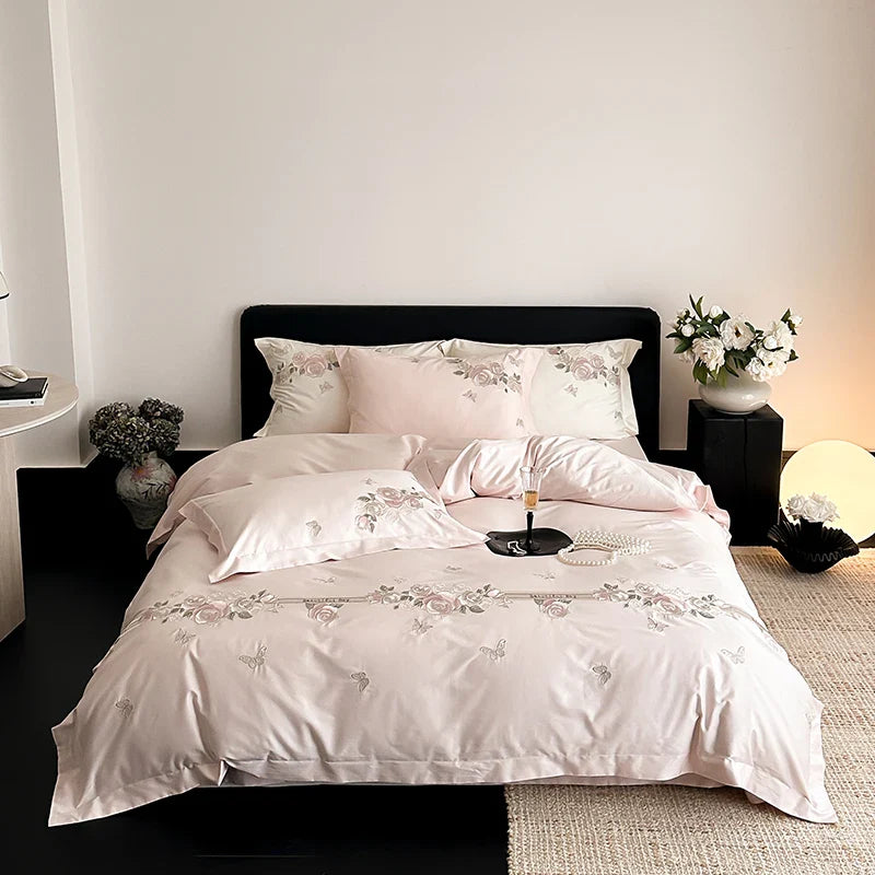 Afralia™ Vintage Rose Butterfly Embroidery Bedding Set 4Pcs