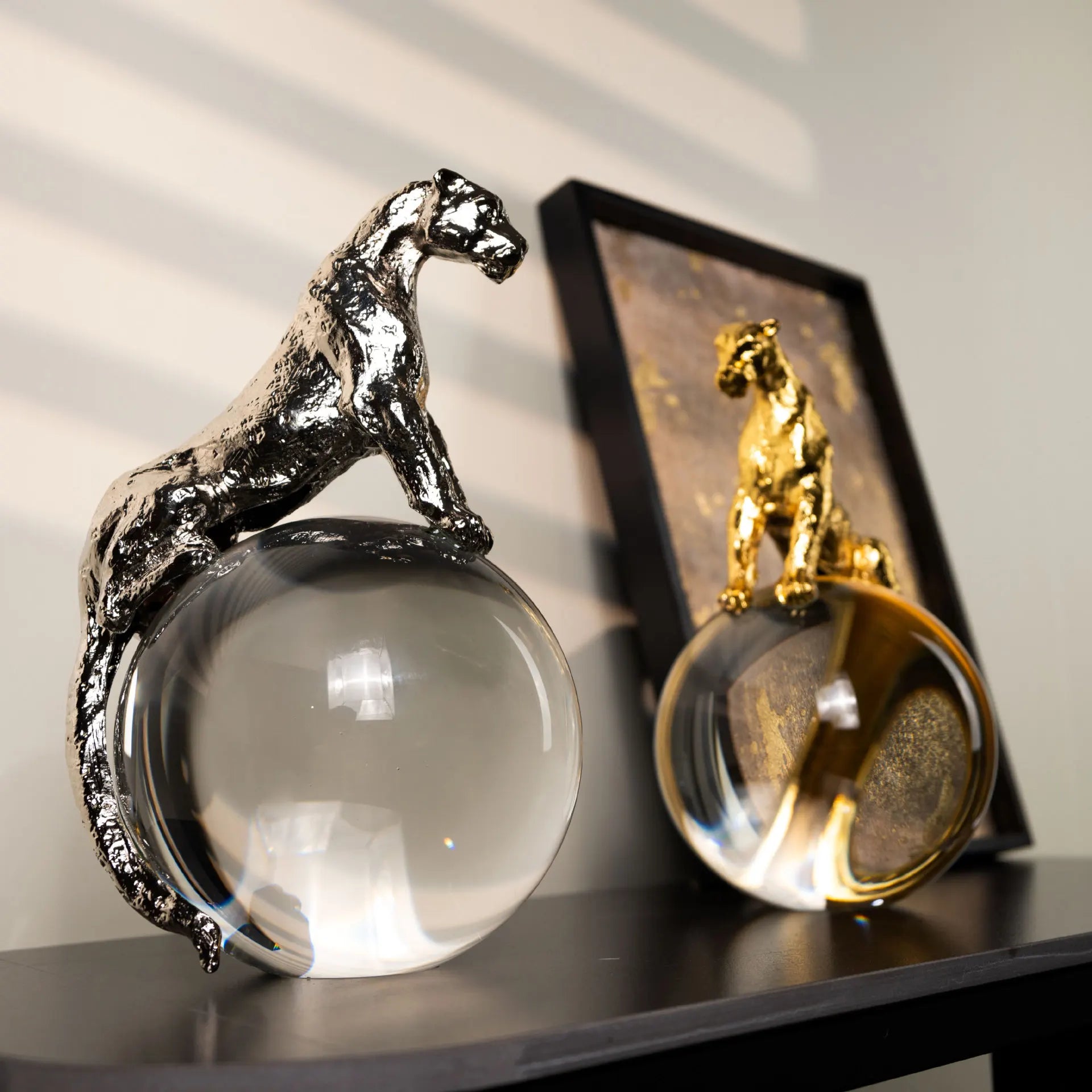 Afralia™ Leopard Crystal Ball Metal Cheetah Sculpture Home Decor