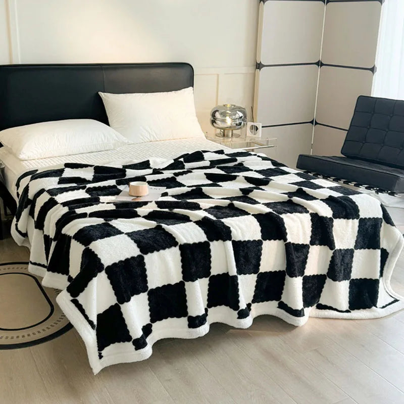 Afralia™ Velvet Checkerboard Blanket - Double Layered Thick Coral Fleece Sofa Cover