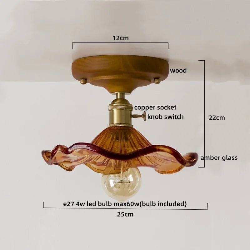 Afralia™ Green Glass LED Ceiling Lamp Nordic Wood Copper Ceiling Lights