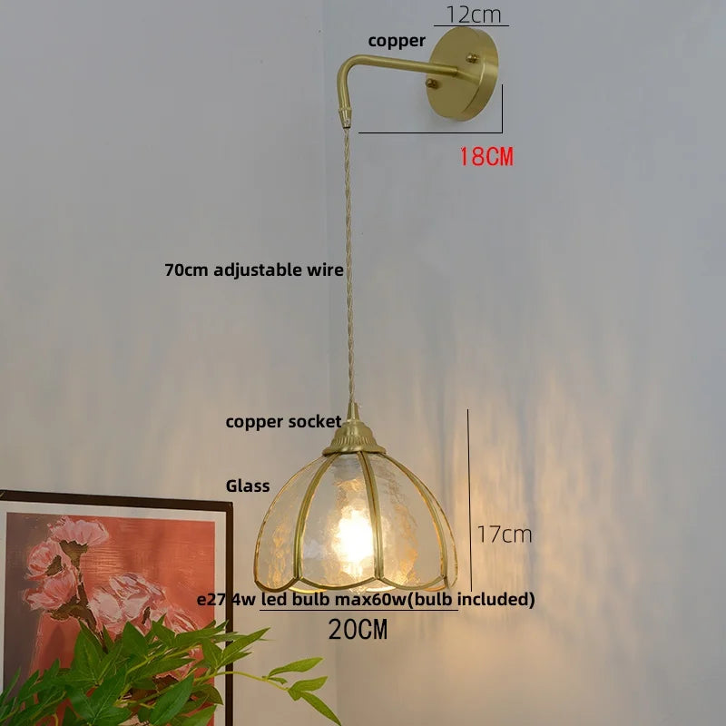 Afralia™ Glass Brass LED Wall Sconce Pull Chain Switch Vintage Vanity Light