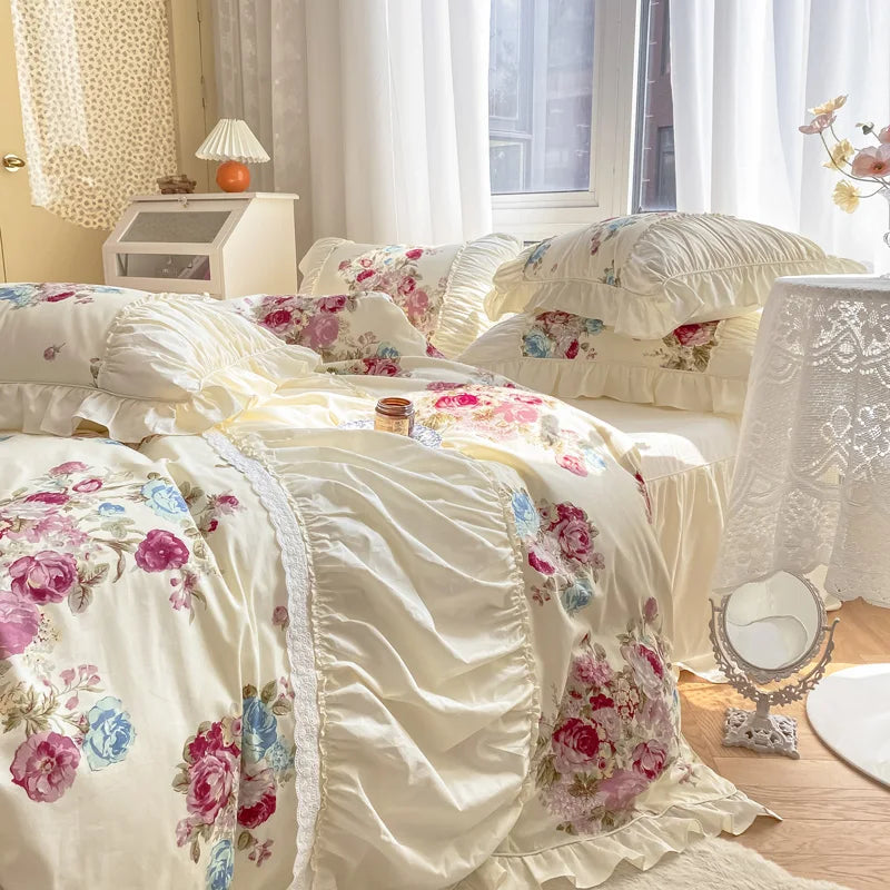 Afralia™ Rose Print Cotton Bedding Set with Pleated Ruffles and French-Inspired Design