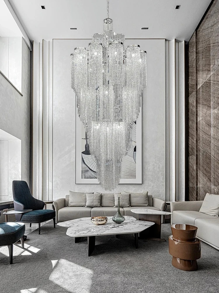 Afralia™ Waterfall Crystal Pendant Light in Silver/Gold - Elegant High Ceiling Villa Duplex Lamp