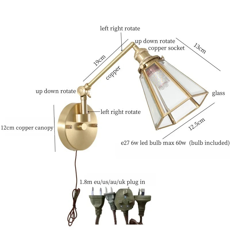 Afralia™ Vintage Brass Glass LED Wall Light with Pull Chain, Left Right Rotate Mirror Design
