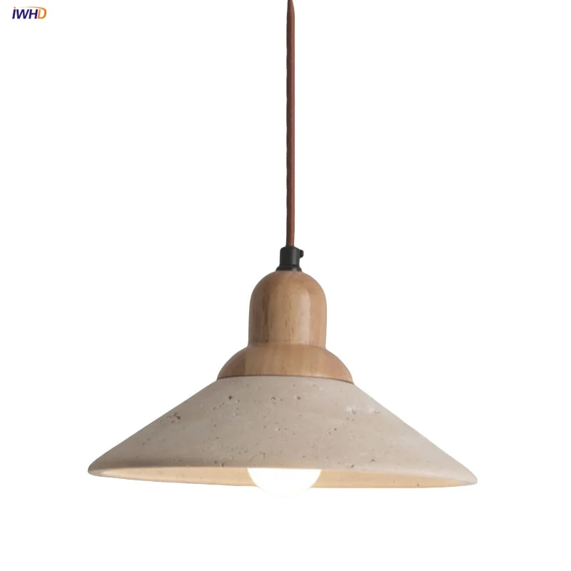 Afralia™ LED Wood Canopy Pendant Lights Yellow Travertine Stone Hanging Lamp