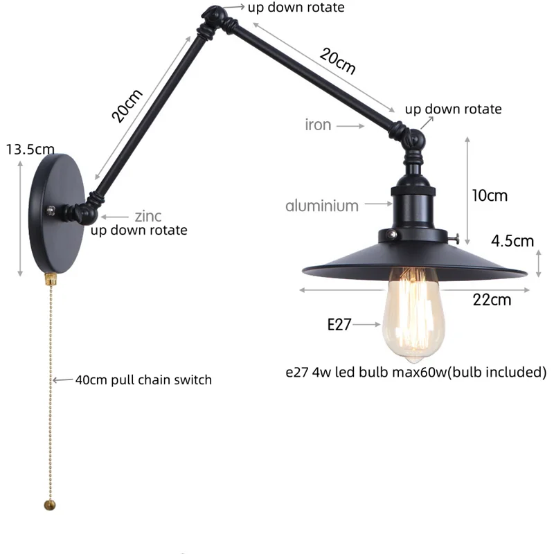 Afralia™ Black Iron LED Wall Light Fixture Industrial Vintage Adjustable Long Arm