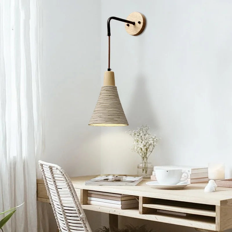 Afralia™ Nordic LED Wall Light Living Dining Room Sconce Wood Pull Chain Cement Lampshade