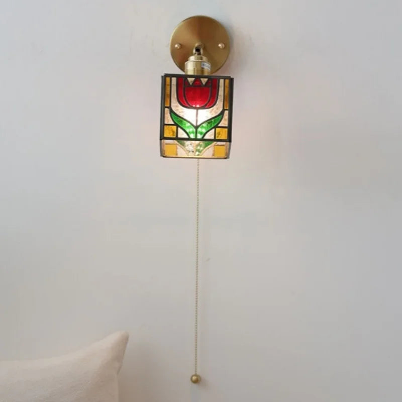 Afralia™ Colorful Square Glass LED Wall Lights with Pull Chain Switch, Tiffany Style