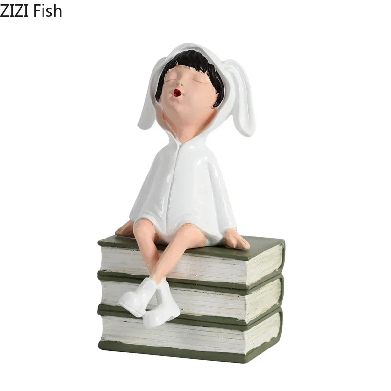 Afralia™ Girls and Books Resin Sculpture Figure for Modern Room Decor