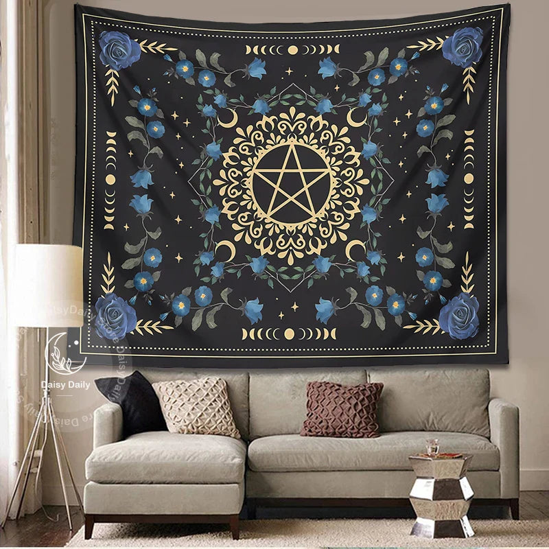 Afralia™ Blue Rose Moon Floral Tapestry Wall Hanging Botanical Tarot Mat