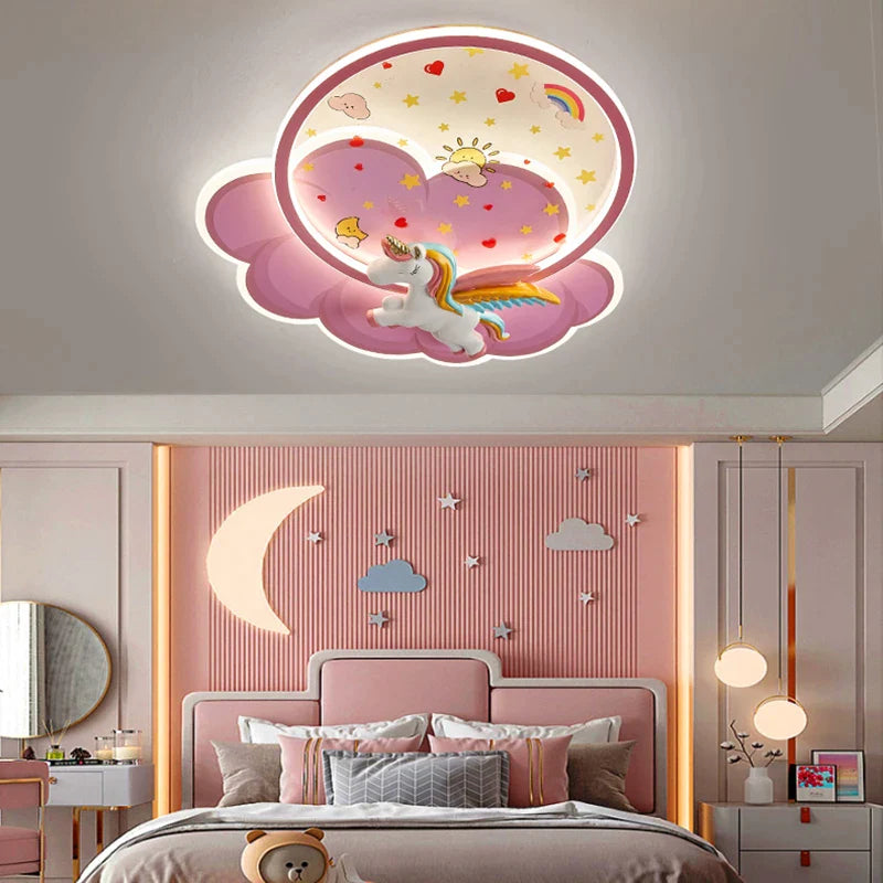 Afralia™ Unicorn Pink LED Ceiling Chandelier for Princess Nursery Room.