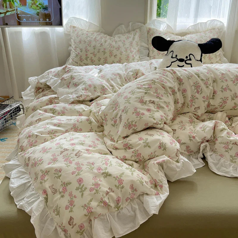 Afralia™ Small Floral Lace Ruffles Princess Bedding Set with Vintage Charm