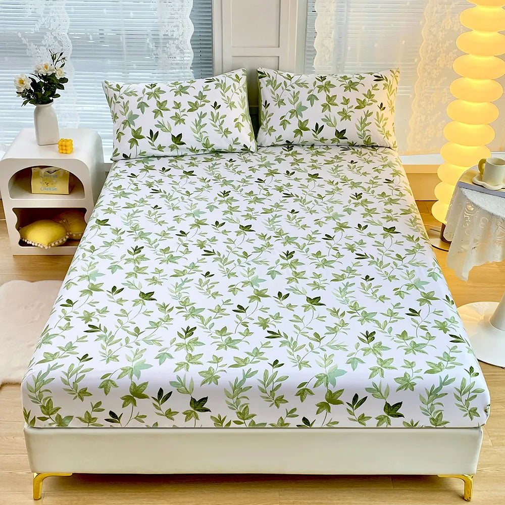 Afralia™ Green Leaf Flower Fitted Sheet Set with 2 Pillowcases for All Seasons