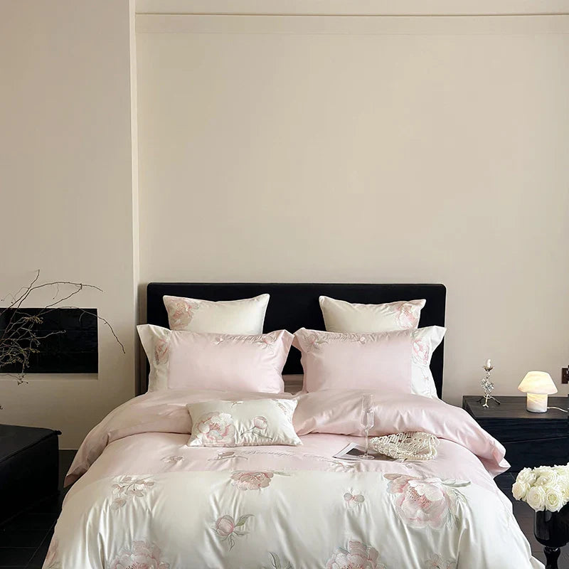 Afralia™ Pink Flowers Embroidery Luxe Bedding Set: 1000TC Egyptian Cotton Duvet Cover, Bed Sheet, Pillowcases
