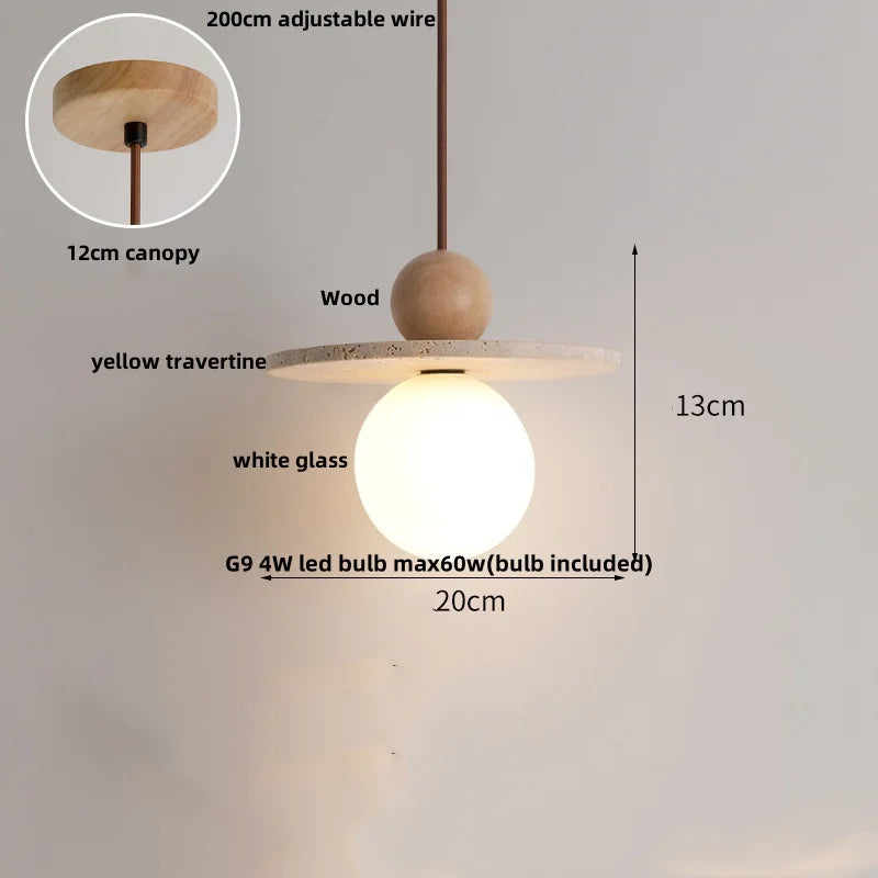 Afralia™ White Glass LED Pendant Lights Modern Yellow Travertine Wood Hang Lamp