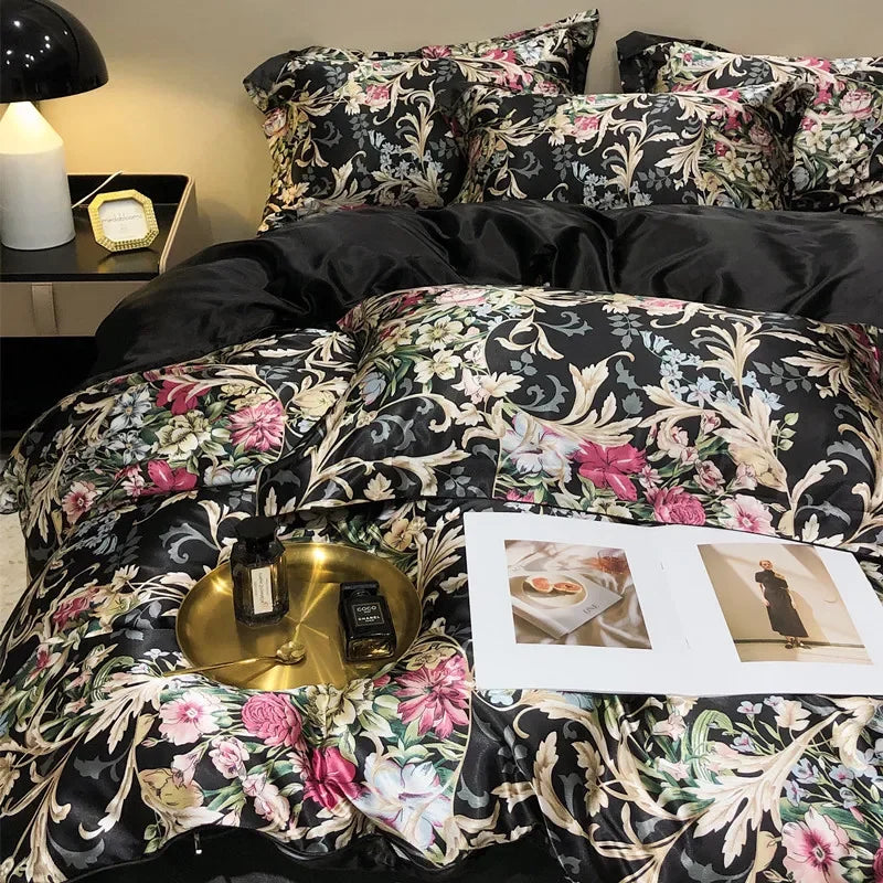 Afralia™ Satin Floral Mulberry Bedding Set with Luxury Duvet Cover & Sheets