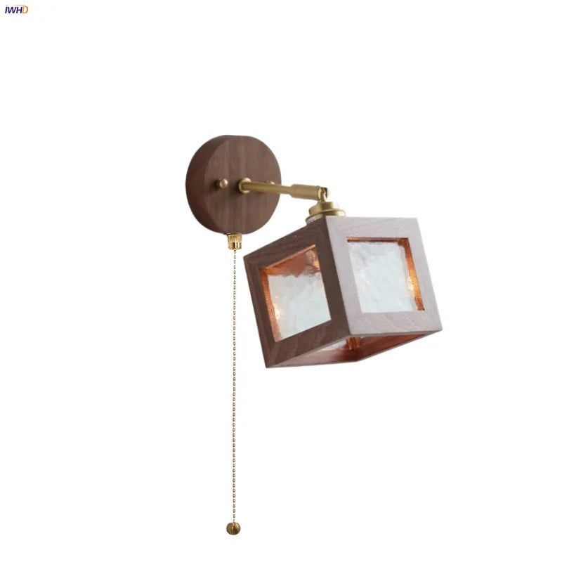 Afralia™ Clear Glass LED Wall Light Fixture Walnut Wood Pull Chain Switch Nordic Modern Wall Lamp