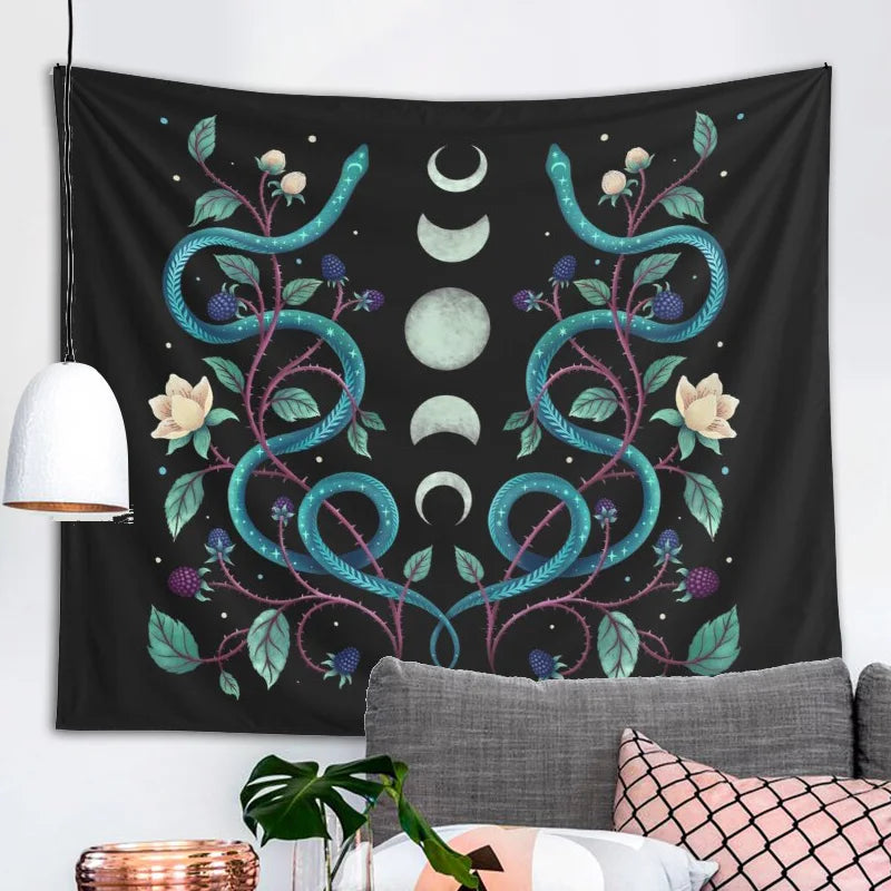 Afralia™ Serpent Moon Phase Tapestry: Aesthetic Psychedelic Wall Hanging for Home Decor