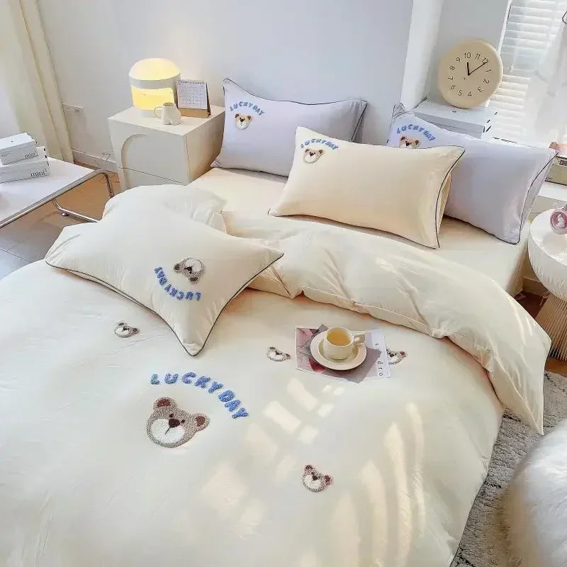Afralia™ Cute Bear & Sheep Embroidery Bedding Set for Single/Double Bed