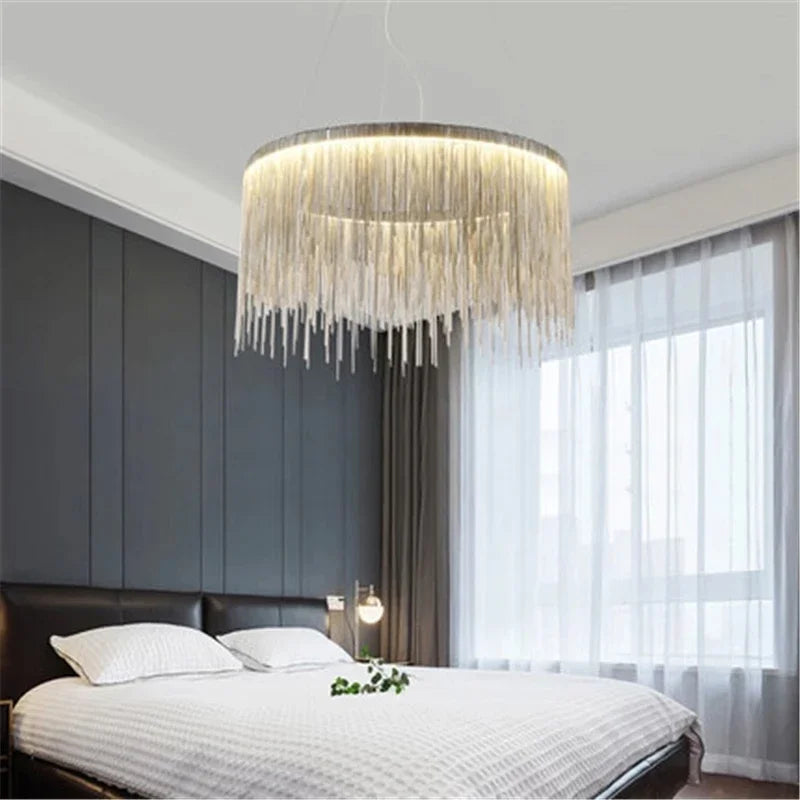 Afralia™ Gold Chain Chandelier Pendant Light w/ Remote, Modern Tassel Design for Kitchen & Living Room