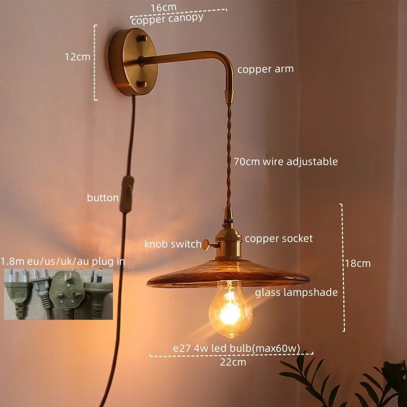 Afralia™ Japanese Style LED Wall Lamps Living Room Coffee Balcony Stair Light Copper Glass