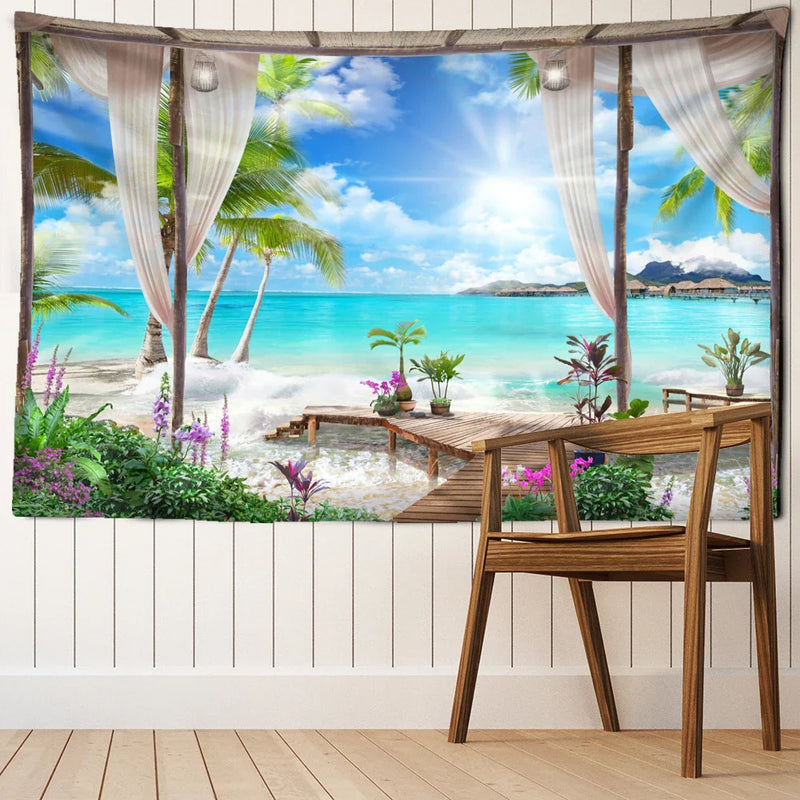 Afralia™ Coconut Forest Sea View Tapestry Wall Hanging - Aesthetic Home Decor