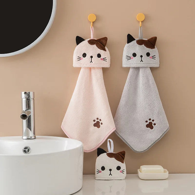 Afralia™ Cartoon Cat Hand Towel: Thick Coral Velvet Towel for Kitchen & Bathroom