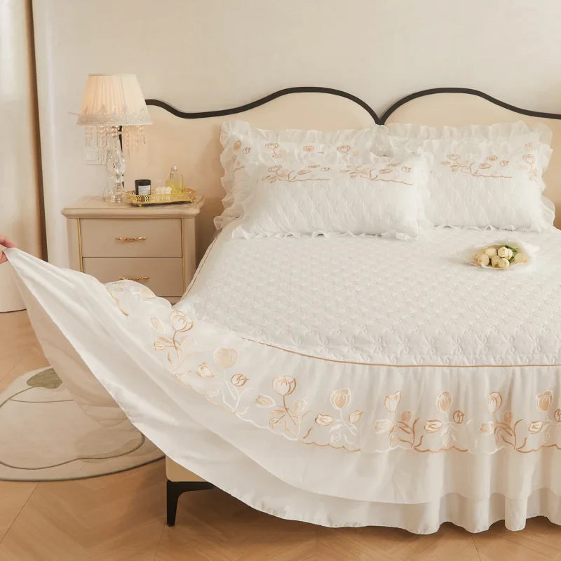 Afralia™ Quilted Embroidery Bedding Set with Lace Ruffles, Duvet Cover, Bed Skirt - Various Colors