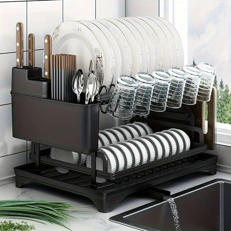 Afralia™ 2 Tier Dish Drying Rack with Storage Holder & Drainer for Kitchen Organizing