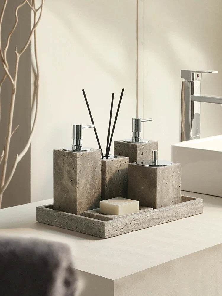 Afralia™ Natural Marble Bathroom Set with Soap Dispenser, Diffuser, & Holder Tray