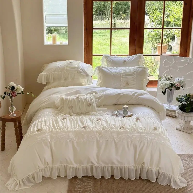 Afralia™ Rose Lace Ruffles Princess Wedding Bedding Set with 1000TC Egyptian Cotton