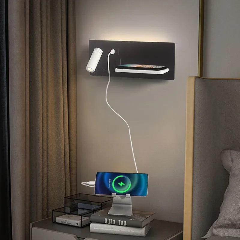 Afralia™ Wireless Charging Wall Lamp for Living Room Bedroom Reading, Hotel Bedside Light