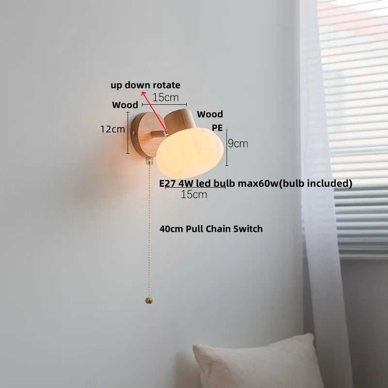 Afralia™ Amber Glass LED Wall Sconce Nordic Modern Wood Pull Chain Switch Stair Light