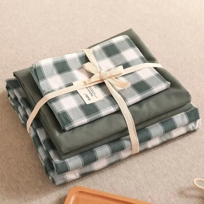 Afralia™ Japanese Grid Print Bed Set in Washed Cotton for Summer Comfort