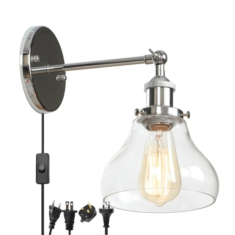 Afralia™ Industrial Vintage Silver Glass Wall Lamp for Bedroom Kitchen Balcony Bedside