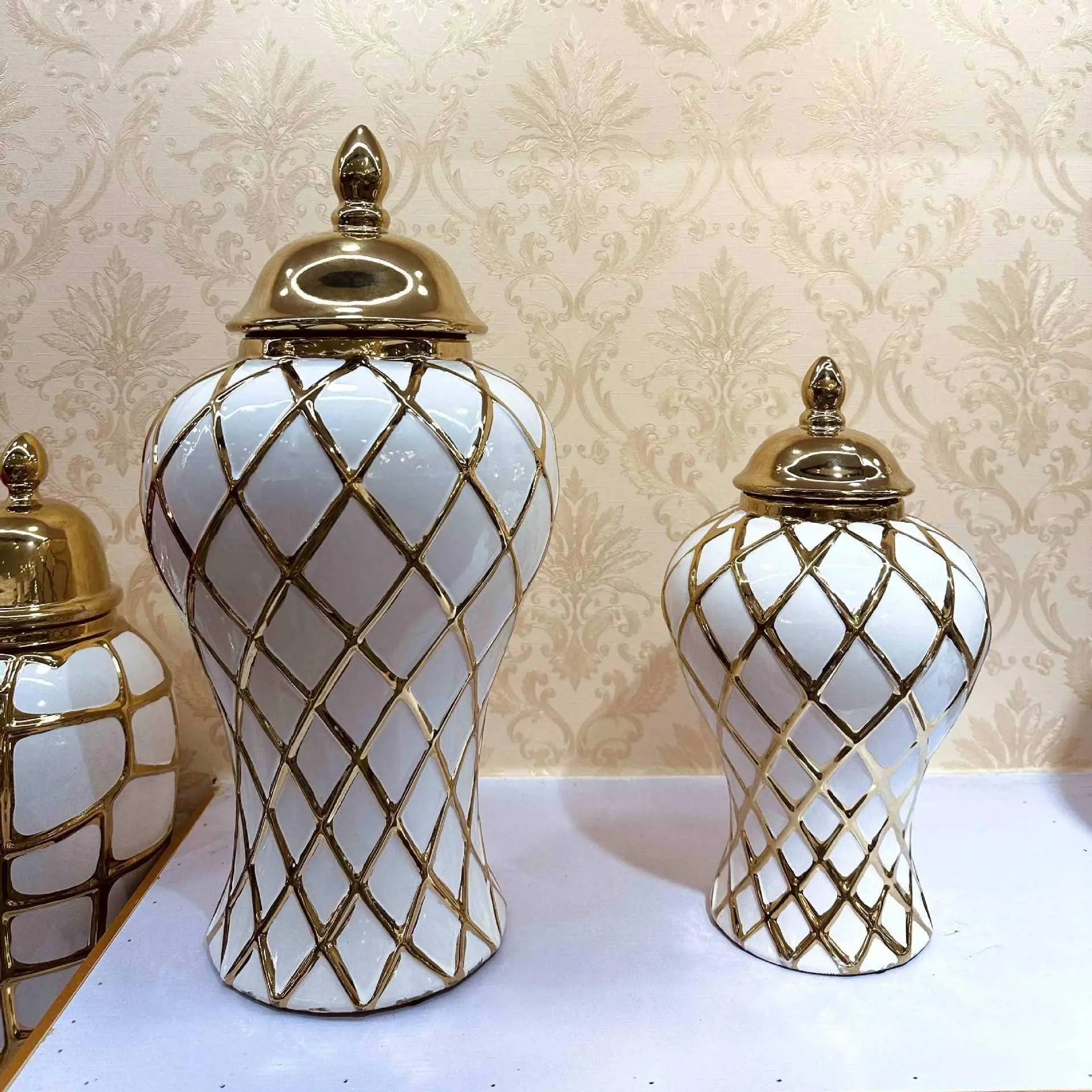 Afralia™ Gold Diamond Porcelain Vase: Elegant Ceramic Home Decoration & Storage Jar