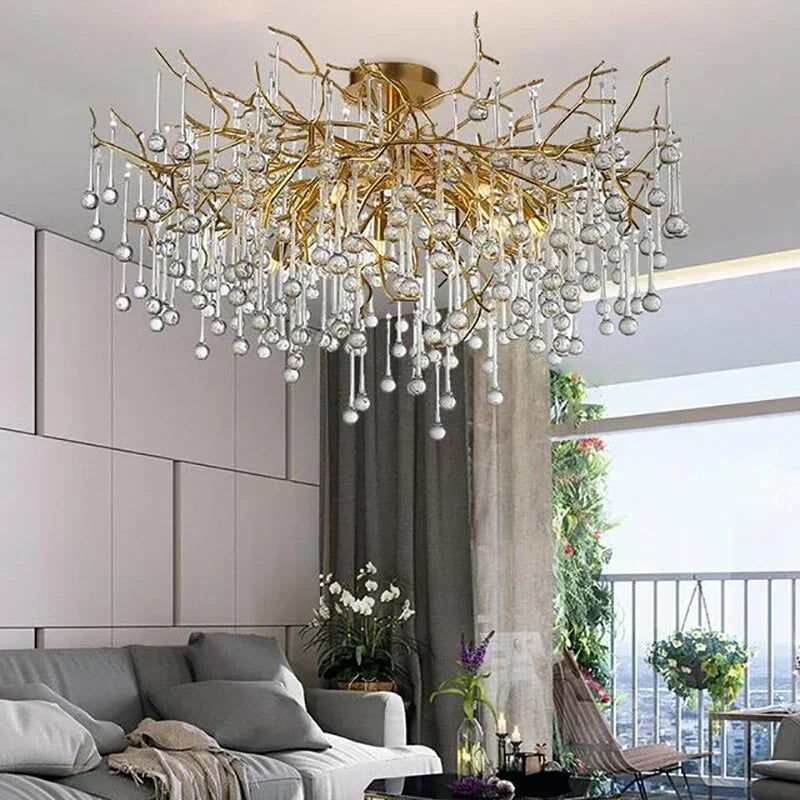 Afralia™ Nordic Gold Crystal Chandelier LED Light Fixture for Living Room Hotel Hall Art Decor