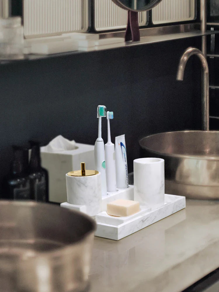 Afralia™ Volakos White Marble Bathroom Set: Soap Dispenser, Makeup Rack, Vanity Tray