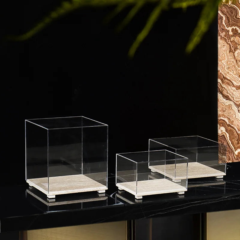 Acrylic Display Case on Travertine Base by Afralia™ for Collectibles, Figurines, Desserts