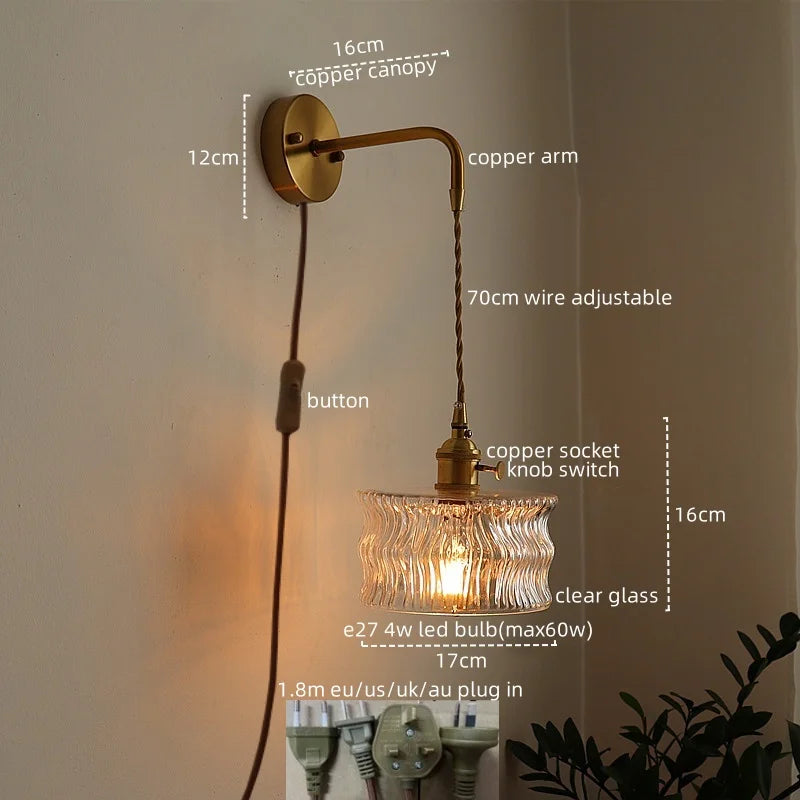 Afralia™ Vintage LED Wall Lamps Glass Copper Light for Living Room Restaurant Mirror