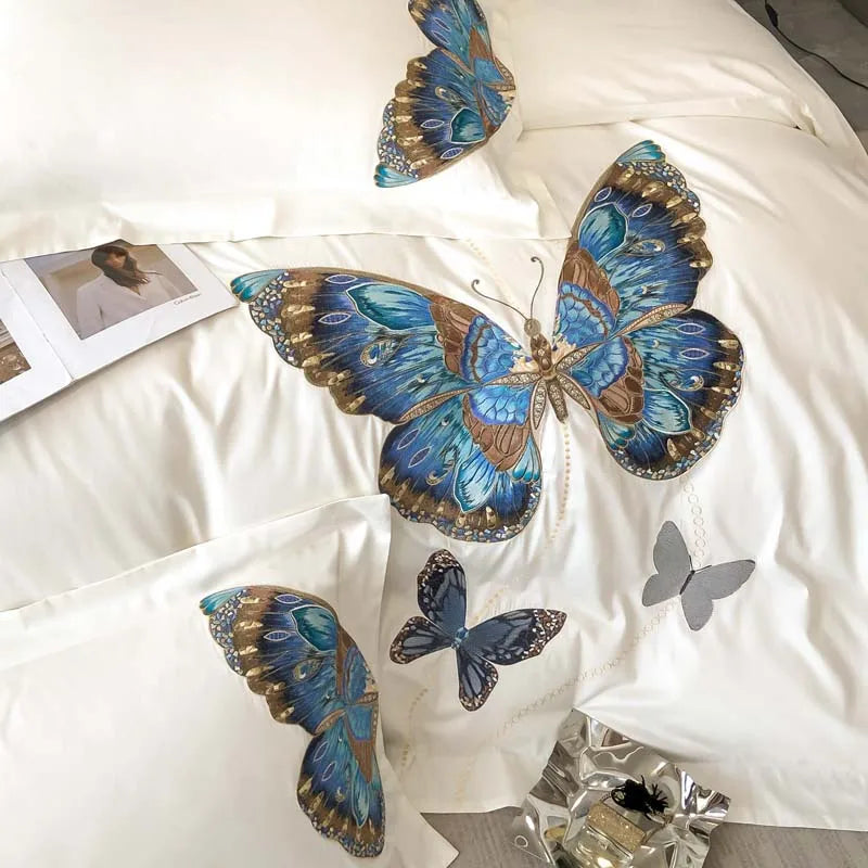Afralia™ Luxury Butterfly Embroidery Bedding Set, Egyptian Cotton, Queen King, White
