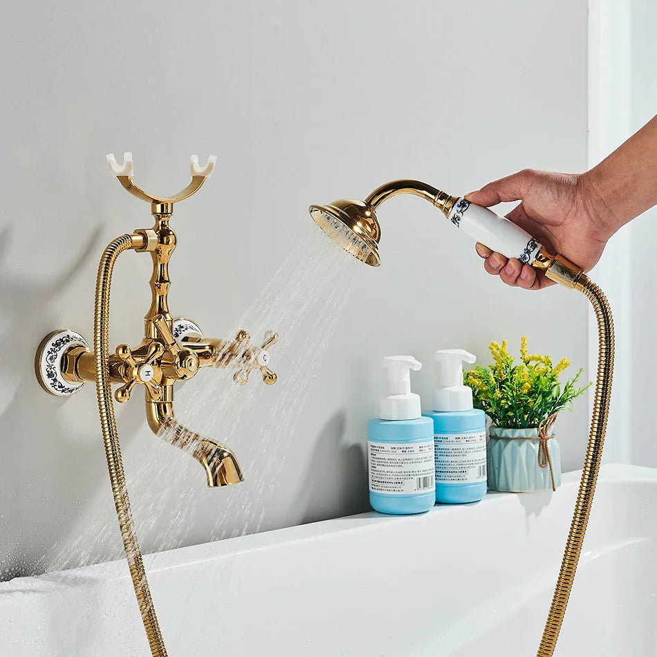 Afralia™ Golden Black Bathtub Faucet with Hand Shower and Rotate Spout