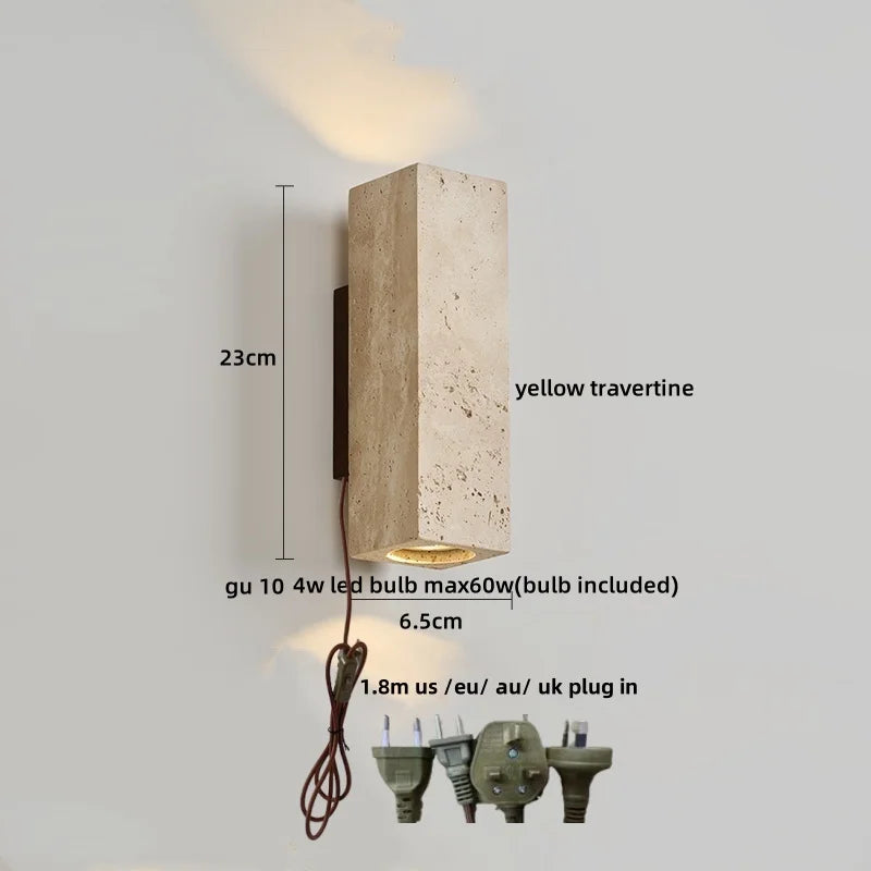 Afralia™ LED Wall Sconce Yellow Travertine Stone Bedroom Study Cafe Wood Base Stair Light